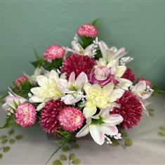 X Pink and white grave pot